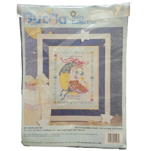 Vintage 1995 Bucilla New Baby Cross-stitch Kit Sampler Moon & Bear